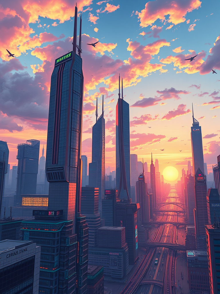 Create a vibrant and detailed illustration of a futuristic city skyline at sunset, with towering skyscrapers and flying vehicles, captured with a Canon EOS R5, 24mm f/1.4 lens, ISO 100, aperture f/8, and a wide-angle view to enhance depth and perspective.