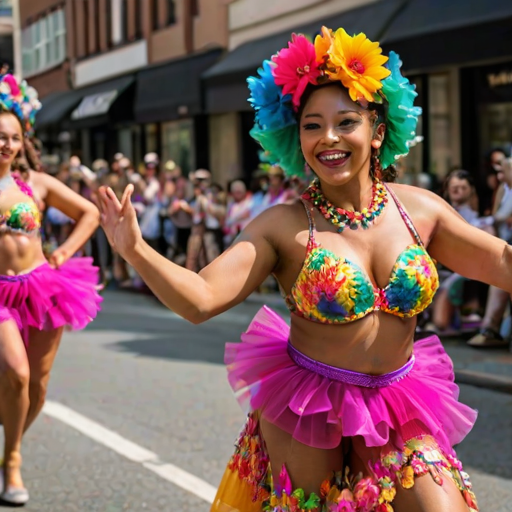 Vibrant street parade, with dancers in colorful costumes, floats adorned with flowers, and families watching from the sidewalks, creating a joyful and festive atmosphere.