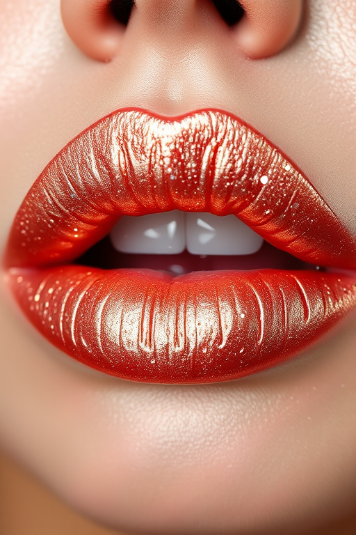 Shimmering rose gold metallic lips with a holographic sheen and multidimensional sparkle, named "Celestial Champagne Kiss"