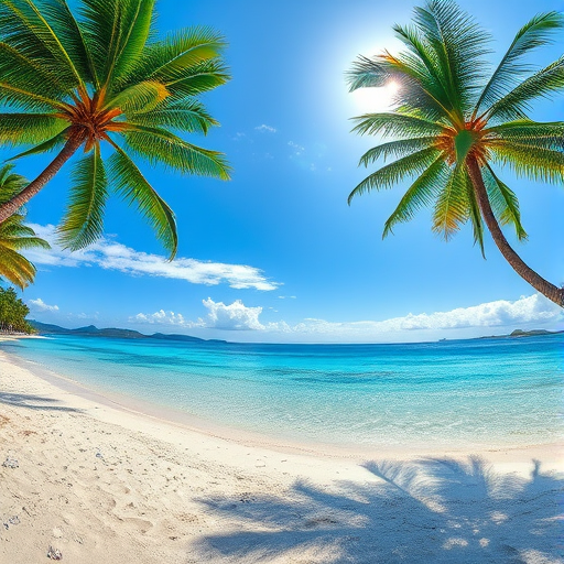 A serene tropical beach with palm trees, crystal clear waters, a bright blue sky, and the sun shining in the corner, taken with a Canon EOS R5, 24mm lens, f/8 aperture, ISO 100, 1/200s shutter speed, wide-angle view, HDR style.
