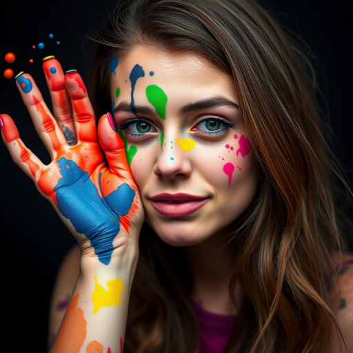 Create a high-resolution portrait of a woman with vibrant paint splashes in various colors, using a 50mm f/1.8 lens, ISO 100, 1/125 sec shutter speed, soft lighting, and a shallow depth of field, captured in a close-up style with a dark background.