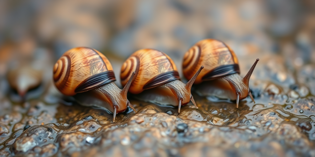 Close-up of three brown snails on a wet rock surface, with a shallow depth of field, natural lighting, macro lens at f/2.8, ISO 200, 1/100 sec shutter speed, captured with a DSLR camera.
