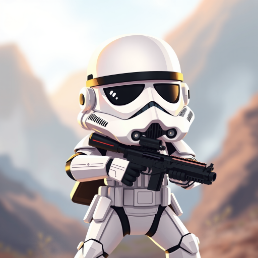 create a cartoon-style illustration of a character resembling a stormtrooper holding a blaster, vibrant colors, high detail, soft lighting, camera type DSLR, aperture f/2.8, shutter speed 1/60 sec, ISO 100, 50mm lens, natural backdrop, dynamic angle