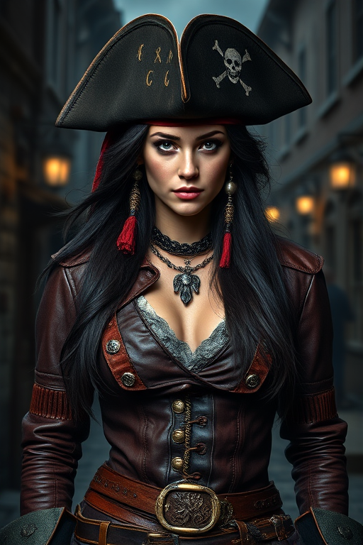 Create a portrait of a fierce female pirate. She wears a leather tricorn hat adorned with a skull and crossbones emblem, and her long, dark hair flows around her face. Her outfit consists of a richly detailed leather jacket, a corset, and multiple layers of belts and accessories, giving her a formidable and stylish appearance. She stands confidently in a dimly lit, historic port town, with a backdrop of weathered buildings and cobblestone streets, capturing the adventurous spirit of a pirate.