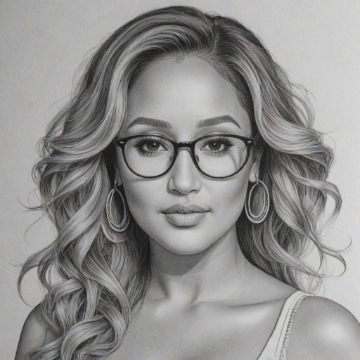 Captivating Adrienne Bailon, pencil sketch, portrait of Charming woman 1977s in glasses, hair style beatnik, outline, clear lines, fine lines, 8k