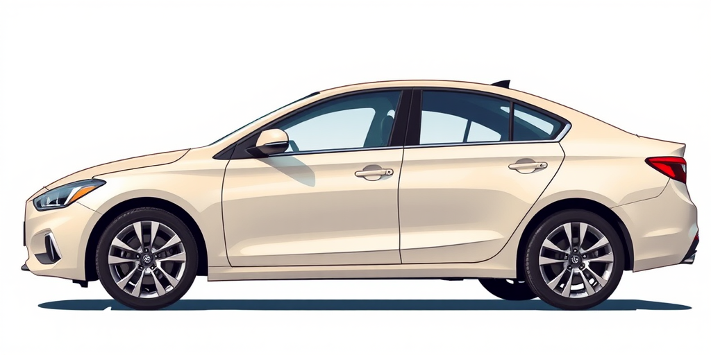 Generate a detailed side profile illustration of a sedan car with a smooth finish and realistic features, using a DSLR camera at f/2.8 aperture, ISO 100, 50mm lens, in natural light, shot from a 45-degree angle for depth and emphasis.