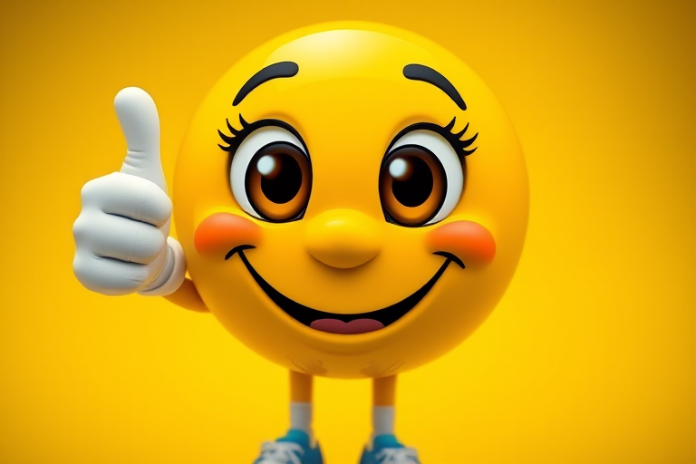 Create a vibrant cartoon character of a cheerful yellow smiley face with big eyes, giving a thumbs up, wearing blue shoes and white gloves, captured with a Canon EOS 5D Mark IV, 50mm lens, f/2.8 aperture, ISO 100, natural lighting, high dynamic range.
