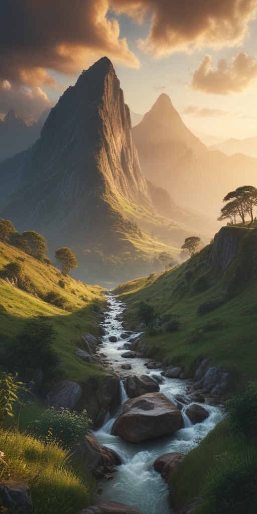 Majestic Mountain Landscape at Sunset with Flowing River and Lush Greenery