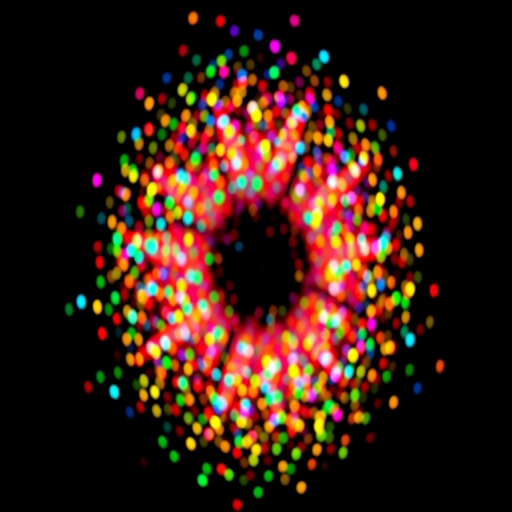 Generate a vibrant explosion of colorful dots in a circular formation on a black background, using a DSLR camera with a 50mm lens, aperture at f/2.8, shutter speed 1/200s, ISO 100, overhead view, and a shallow depth of field for enhanced image quality.