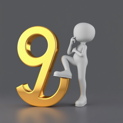 Create an image of a 3D character in a thoughtful pose with one foot on a large shiny gold number 9, using a DSLR camera with a 50mm lens, aperture set to f/2.8, ISO 200, natural lighting, and a slight top-down angle for a dynamic view.