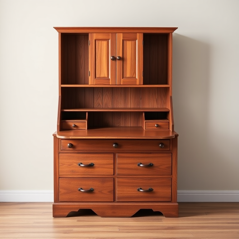 Create a high-quality image of a wooden secretary desk with an upper cabinet and lower drawers, shot with a DSLR camera at f/8, ISO 100, 1/125 sec, with a 50mm lens in a well-lit studio environment to enhance clarity and detail.