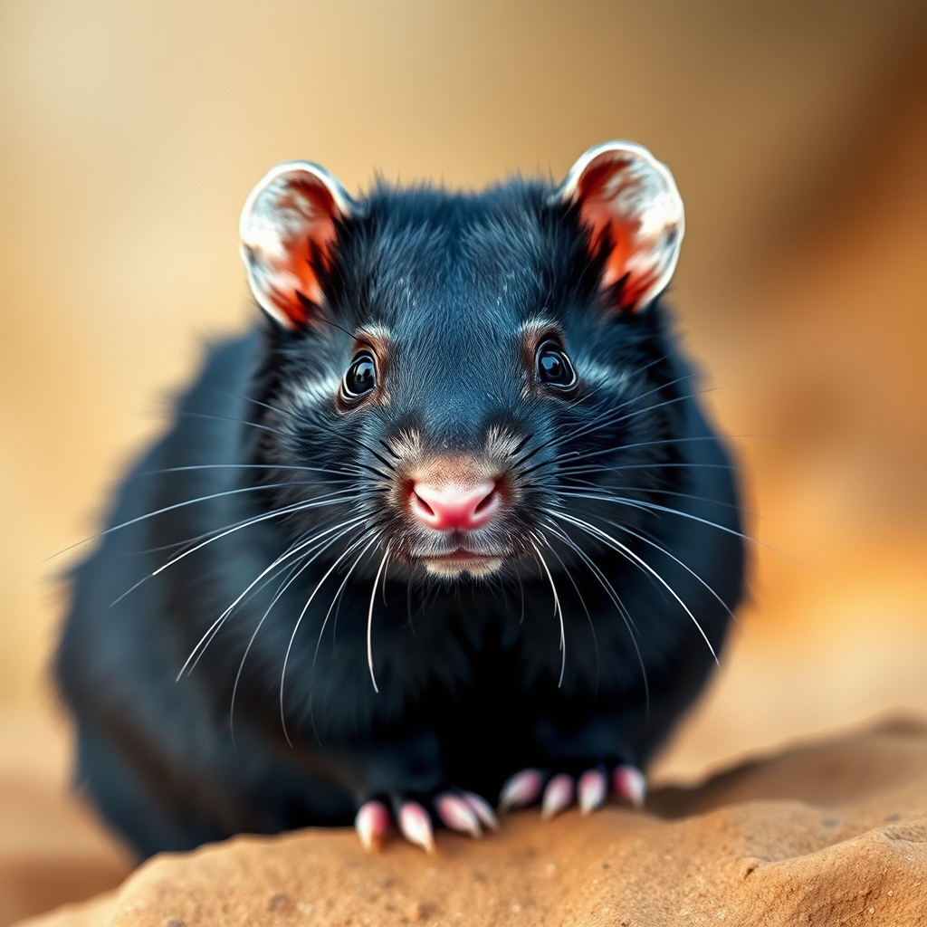 Create a high-quality watercolor painting of a cute black rodent with a round body and pink nose, set against a soft, blurred natural background with earthy tones, captured with a Canon EOS R5 at f/5.6, 1/125s, ISO 200, using a 50mm lens for a clear, detailed focus on the subject.