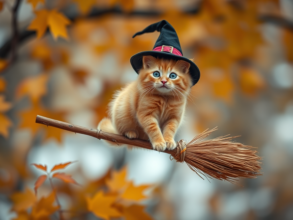 A whimsical orange cat wearing a witch's hat flying on a broomstick amidst autumn leaves, shot with a Canon EOS R5 at f/2.8, ISO 100, 1/500 sec, using a shallow depth of field and a wide-angle lens for a dreamy effect.