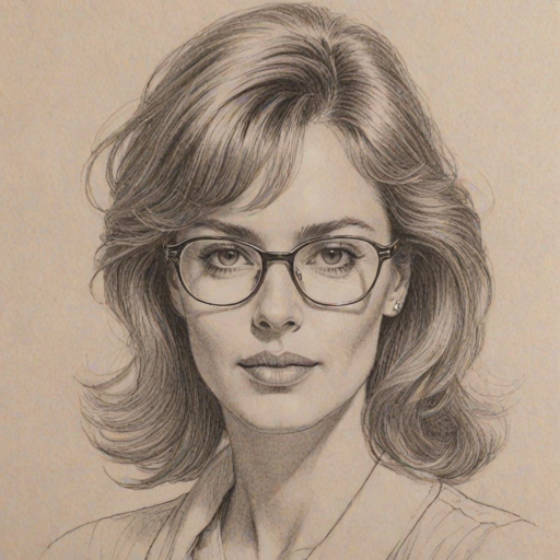 Stunning Diane Farr, pencil sketch, portrait of Appealing woman 1980s in glasses, hair style beatnik, outline, clear lines, fine lines, 8k