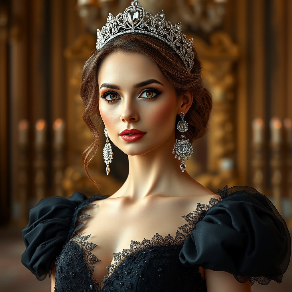 A gorgeous Caucasian woman in a luxurious black gown, accessorized with a dazzling tiara and statement earrings, her deep brown eyes highlighted by impeccable makeup, poised in a royal setting, photorealistic, 8K quality