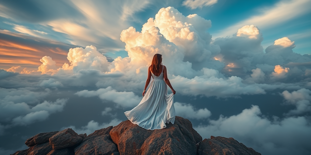 Create a fantasy landscape of a figure in a flowing white dress standing on a rocky outcrop, looking out over a vast, colorful sky with dramatic clouds, shot with a Canon EOS R5, 24mm lens, f/8, at ISO 100, using a wide-angle perspective to enhance depth and detail.