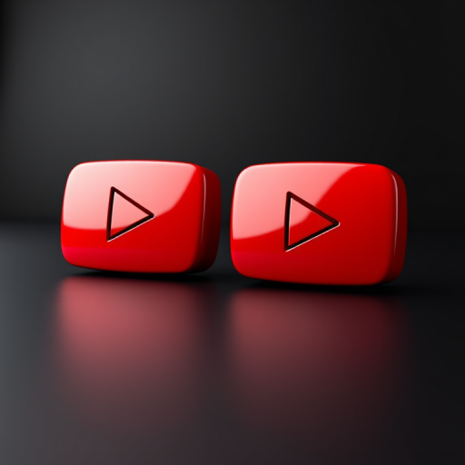 Create a highly detailed 3D rendering of two glossy red YouTube play buttons on a sleek black surface, using a DSLR camera with an aperture of f/2.8, shutter speed of 1/60s, ISO 100, in a studio setup with softbox lighting, and a shallow depth of field for enhanced focus on the buttons.