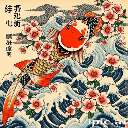 Japanese irezumi tattoo titled "Koi's Ascension" depicting a powerful koi fish swimming upstream through turbulent waters and cascading cherry blossoms, rendered in rich, vibrant colors with bold black outlines and intricate background patterns, incorporating traditional Japanese motifs such as waves, clouds, and wind bars to enhance the narrative quality of the design, perfect for those seeking a bold and culturally significant tattoo that symbolizes perseverance and transformation