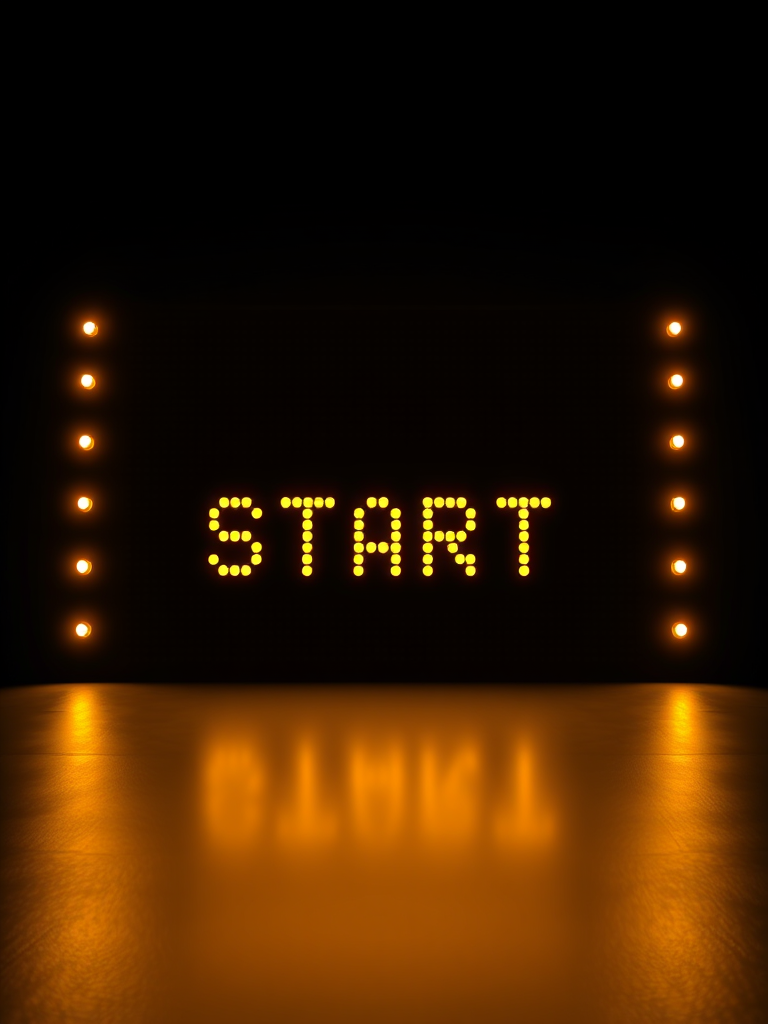 Create a high-resolution image of a large, illuminated digital display showing the word "START" in a bold, yellow, seven-segment font, centered against a black background, soft spotlight effect beneath the text, captured with a DSLR camera, 50mm lens, f/1.8 aperture, ISO 100, and a shallow depth of field for enhanced clarity and focus on the text.