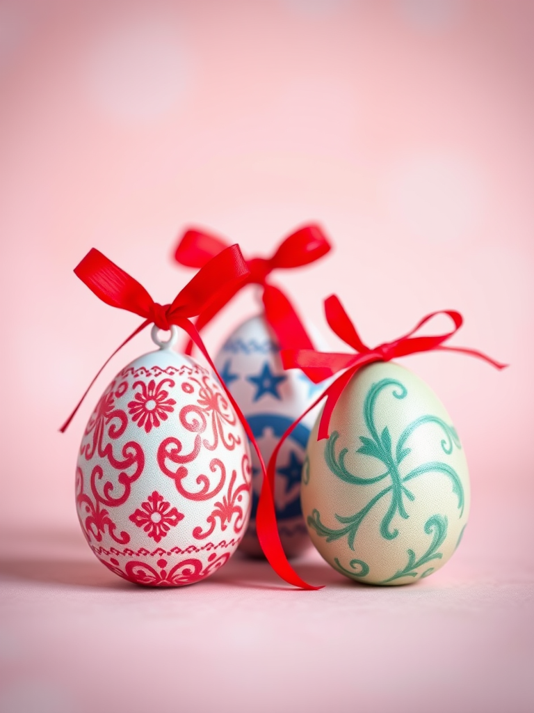 Create an image of three decorated Easter eggs with intricate designs and red ribbons against a soft pastel-colored background, using a DSLR camera with a 50mm lens, aperture set at f/2.8 for shallow depth of field, ISO 100 for excellent clarity, and a slight vignette effect to enhance focus on the eggs.