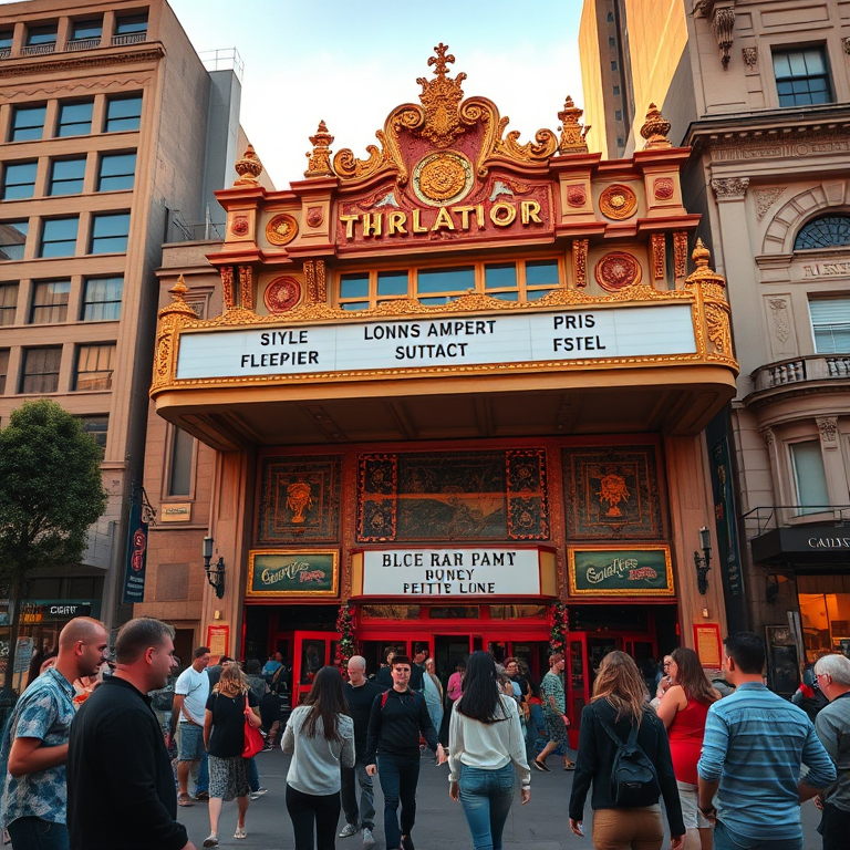 Capture an urban scene of an ornate theater with people gathered in front, using a DSLR camera at f/8, 1/200 sec, ISO 400, with a 24mm wide-angle lens, in the golden hour for soft lighting, from a slightly elevated viewpoint to encompass the foreground and architecture.