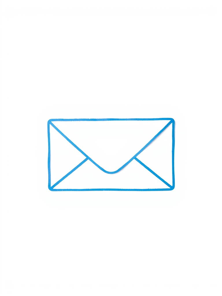 Create a high-resolution image of a blue outlined envelope with a white background, photographed with a DSLR camera using a 50mm lens, at f/2.8 aperture, ISO 100, and a shallow depth of field to enhance the envelope's details.