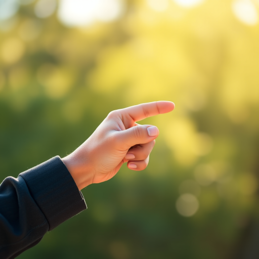 Create a high-quality illustration of a hand pointing right, using a Canon EOS R5 camera with a 50mm lens, aperture f/1.8, ISO 100, shallow depth of field, with a soft focus background in natural light.