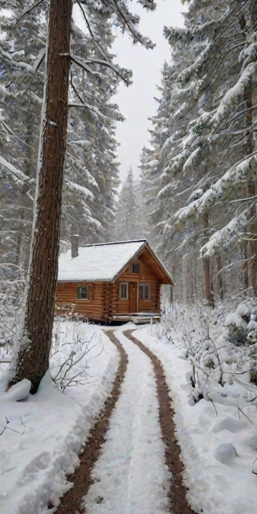 Snow-covered path leading through a dense forest, the crunch of boots in the fresh snow, and a small cabin visible in the distance.