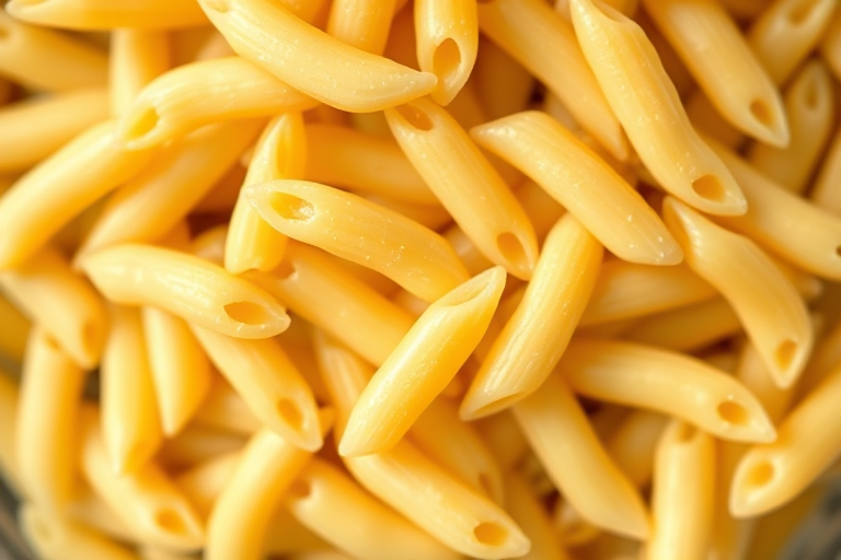 macro shot of uncooked penne pasta with shallow depth of field, f/2.8 aperture, 50mm lens, ISO 100, natural lighting, top-down view, DSLR camera