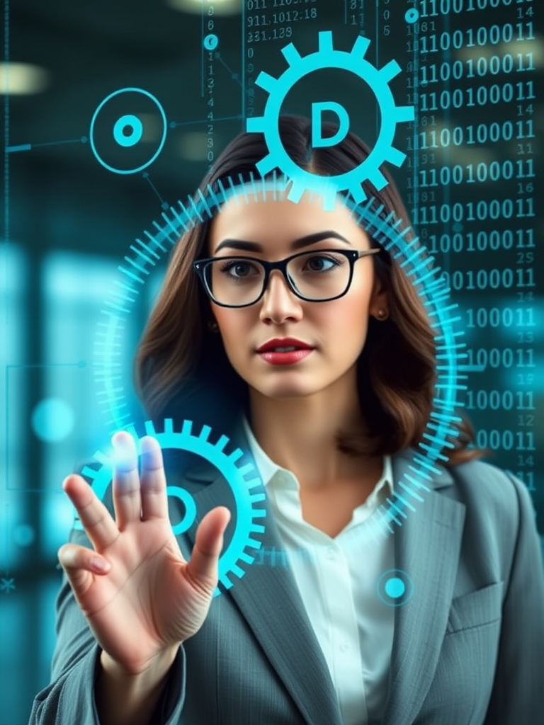 Create a high-resolution image of a businesswoman interacting with a transparent digital interface featuring gears and binary code, shot with a Canon EOS R5 at f/1.8, ISO 100, 50mm lens, using a soft focus background for depth.