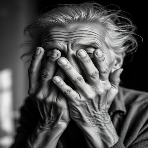 Create a high-contrast black and white image of an elderly woman with her hands covering her face, using a Canon EOS R5, 85mm lens, f/1.8 aperture, ISO 100, 1/200s shutter speed, soft focused background, and dramatic lighting to emphasize texture and emotion.