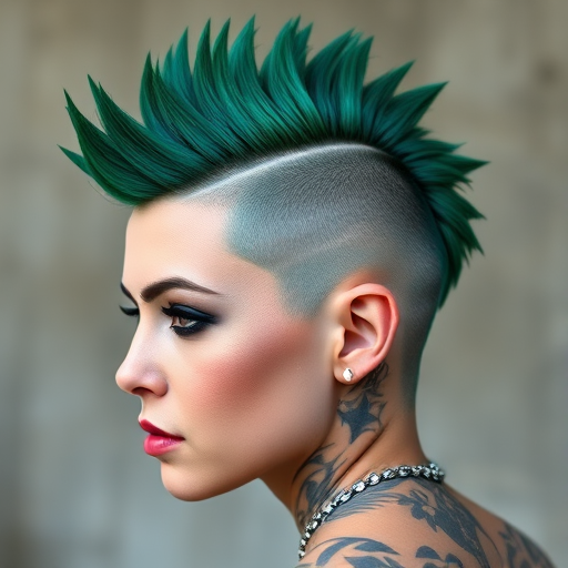 Striking faux hawk in deep emerald green, styled with textured spikes and shaved sides adorned with metallic temporary tattoos, exuding edgy punk rock vibes