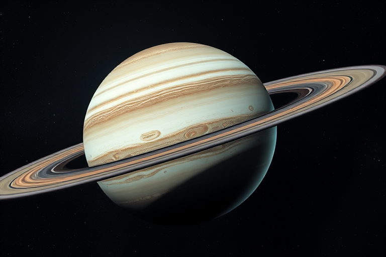 Create a high-resolution digital art image of a gas giant planet with detailed textures and rings, captured from a wide-angle view using a DSLR camera with a 24mm lens, aperture set to f/8, ISO 100, and a long exposure of 5 seconds for enhanced clarity and depth in a cosmic space background.