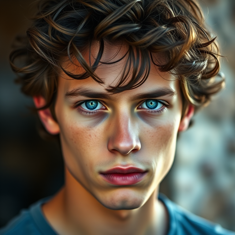 portrait of a young man with tousled curly hair and striking blue eyes, soft natural lighting, shallow depth of field, 50mm lens, f/1.8, ISO 200, warm color tones, background softly blurred
