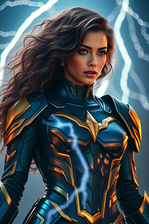 Create an image of a female superhero with long curly hair wearing a detailed armored suit with gold and blue accents, surrounded by dynamic lightning effects, shot with a DSLR camera at f/1.8, ISO 100, 85mm lens, in a dramatic low-angle view with soft lighting for a cinematic effect.