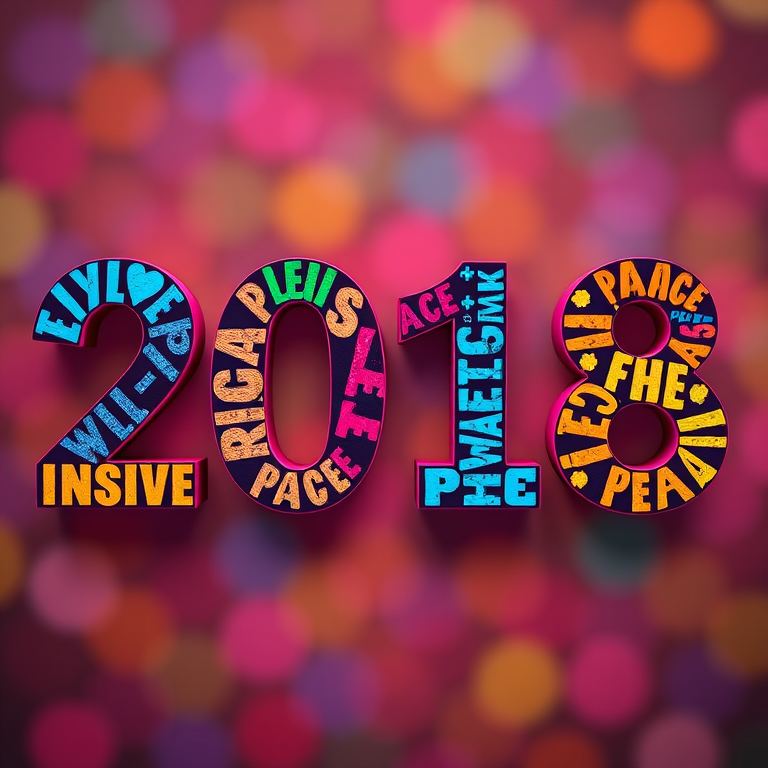 Create a vibrant graphic design of the year "2018" filled with the word "PEACE" in various colorful fonts, using a Canon EOS R5, 50mm lens, f/1.8 aperture, 1/125s shutter speed, and a slight bokeh effect for depth.