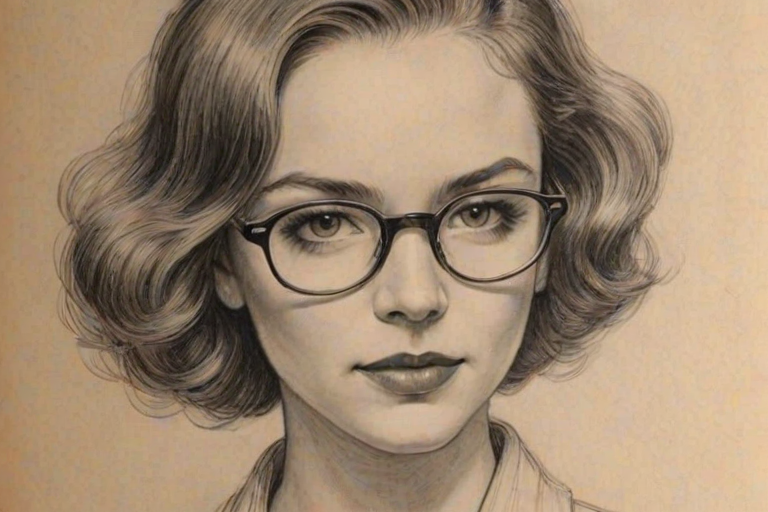 Exquisite Morgan Saylor, pencil sketch, portrait of Appealing woman 1925s in glasses, hair style beatnik, outline, clear lines, fine lines, 8k
