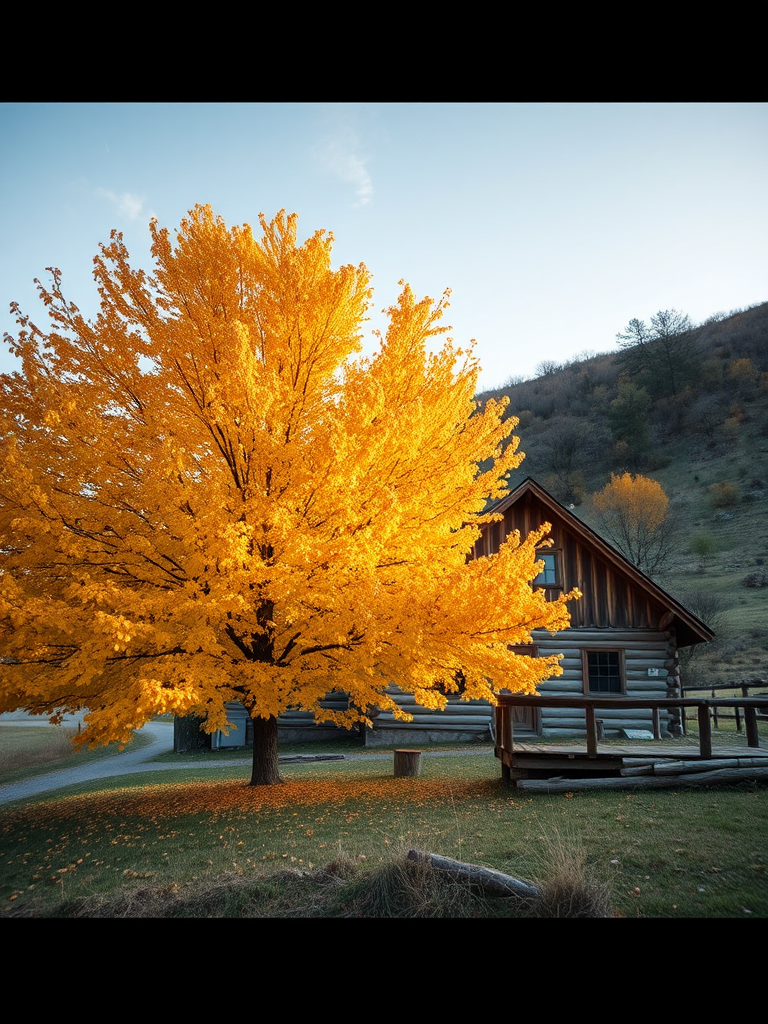Capture a picturesque autumn scene featuring a large golden tree in front of a rustic wooden cabin and a hillside backdrop, using a Canon EOS R5 with a 24-70mm lens at f/8, ISO 100, 1/200 sec, with a wide-angle view and vibrant color settings.