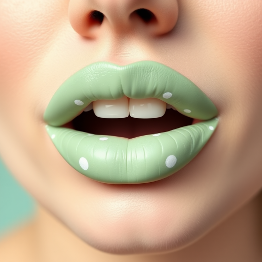 Opaque pastel mint green lips in "Pistachio Kiss" style, with a creamy matte finish and delicate white polka dots for a playful and retro-inspired look