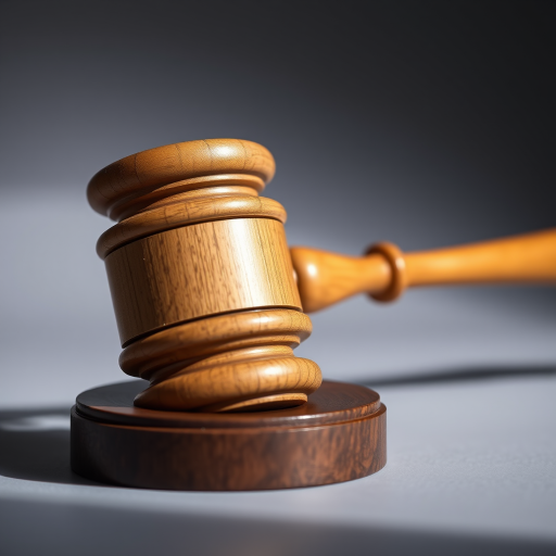 Highly detailed image of a wooden gavel with a shiny metallic band, set against a blurred gradient gray background, soft natural lighting, taken with a DSLR camera, 50mm lens, aperture f/2.8, ISO 100, low-angle shot for dramatic effect.