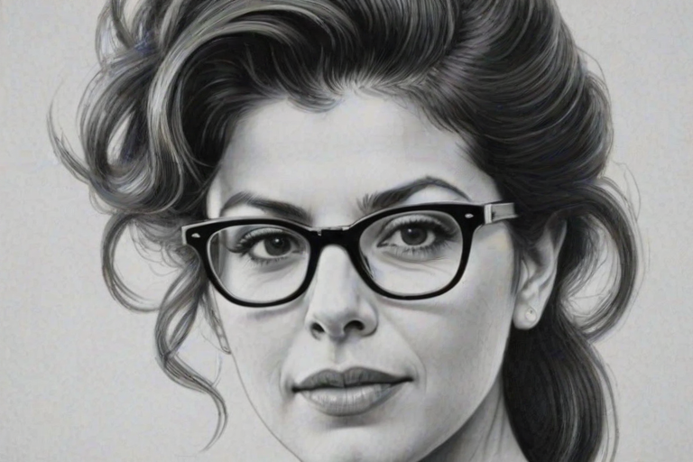Gorgeous Marisa Tomei, pencil sketch, portrait of Lovely woman 1940s in glasses, hair style beatnik, outline, clear lines, fine lines, 8k