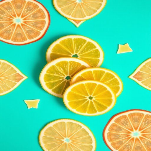 Create a vibrant, symmetrical illustration of lemon slices overlapping with geometric patterns on a bright turquoise background, using a Canon EOS R5 camera with a 50mm lens, aperture f/2.8, ISO 100, and a top-down view for enhanced detail and clarity.