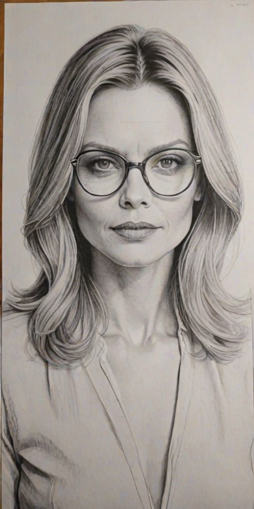Gorgeous Michelle Pfeiffer, pencil sketch, portrait of Elegant woman 1973s in glasses, hair style beatnik, outline, clear lines, fine lines, 8k