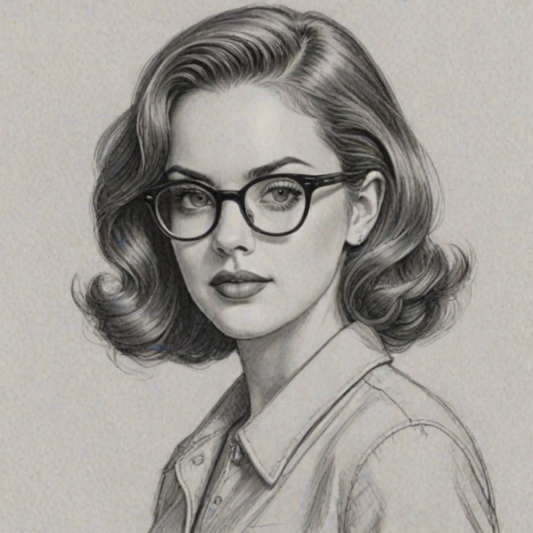 Delightful Elizabeth Gillies, pencil sketch, portrait of Stunning woman 1941s in glasses, hair style beatnik, outline, clear lines, fine lines, 8k