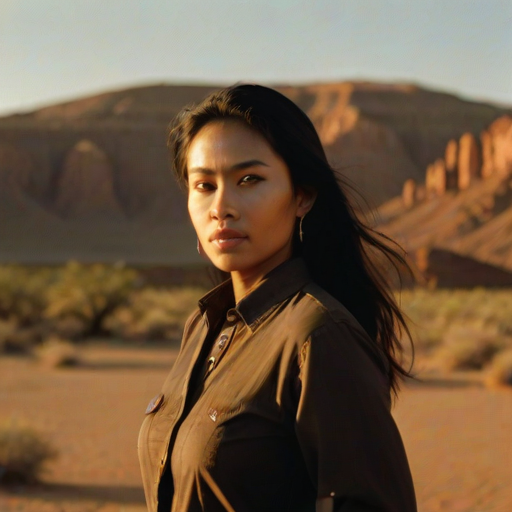 Dramatic photo of a beautiful Malay woman, classic cowboy attire, confident and free spirit expression, half-length portrait, centered, golden hour desert landscape, warm, diffused light, low angle, medium format film camera, in style of Annie Leibovitz.