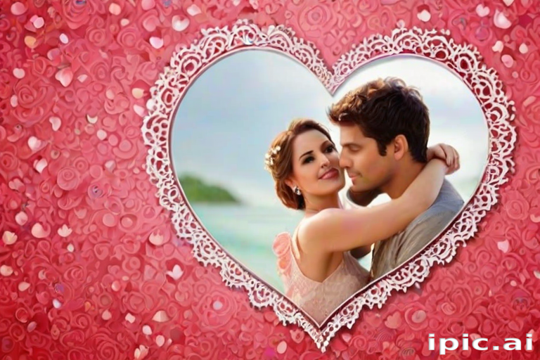 Romantic Couple Embracing Within a Heart-Shaped Floral Frame Background