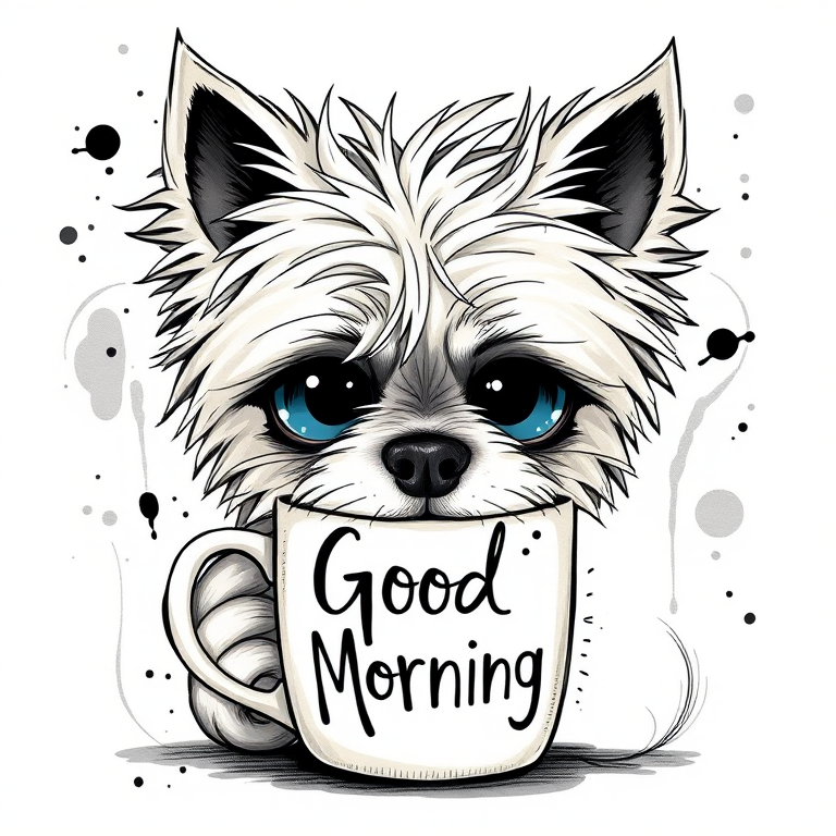 A quirky, artistic illustration of a disheveled chinaranian dog breed with exaggerated, large eyes and spiky fur, holding a coffee mug that reads "Good Morning". The dog has a tired but humorous expression, with ink splatters and abstract details surrounding it, giving a whimsical feel to the image. The color palette is mostly monochrome with hints of blue in the eyes and steam rising from the mug, enhancing the overall sleepy vibe