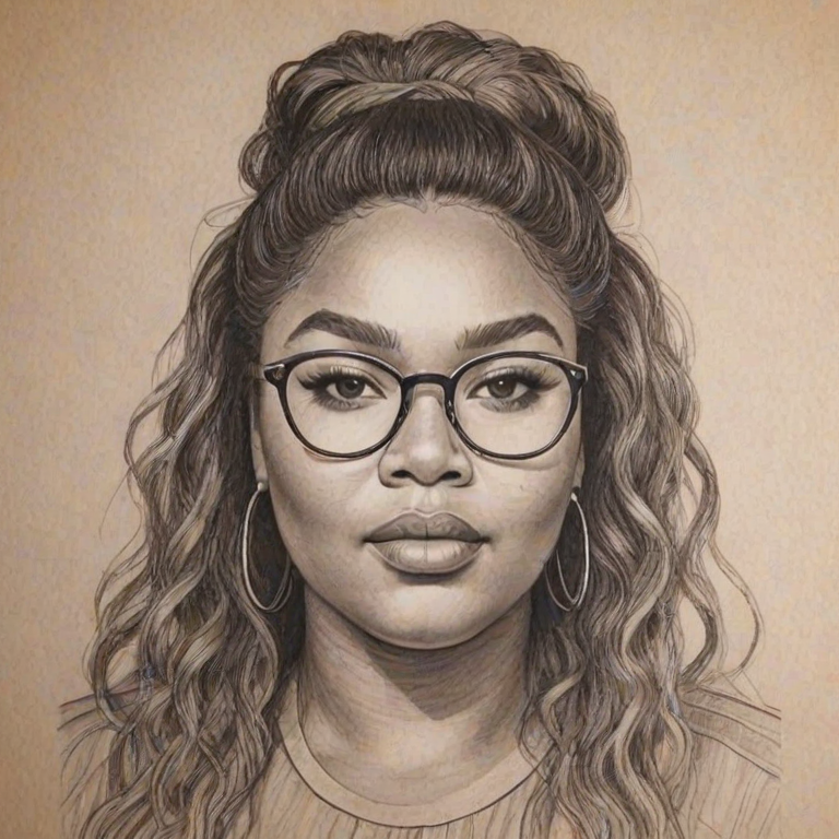 Delightful Lizzo, pencil sketch, portrait of Comely woman 1975s in glasses, hair style beatnik, outline, clear lines, fine lines, 8k