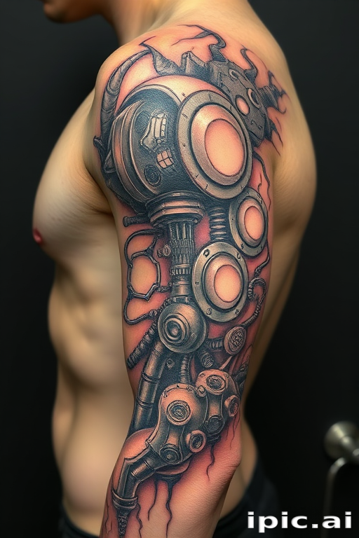 Biomechanical tattoo titled "Cybernetic Symphony" merging organic forms with mechanical components to create the illusion of exposed robotic parts beneath the skin