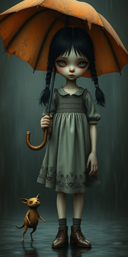 An eerie, weird little girl with dark hair in thin pigtails, wearing a smock dress, standing in the rain, holding a dirty orange umbrella, a small, odd creature beside her. In a surreal style inspired by Nicoletta Ceccoli and Brian Froud. Dark fantasy themes